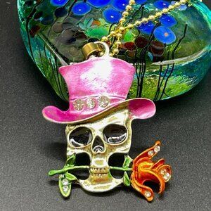 Grinning Skull with Rose and Top Hat Skeleton Necklace / Pendant #866 (pink hat)